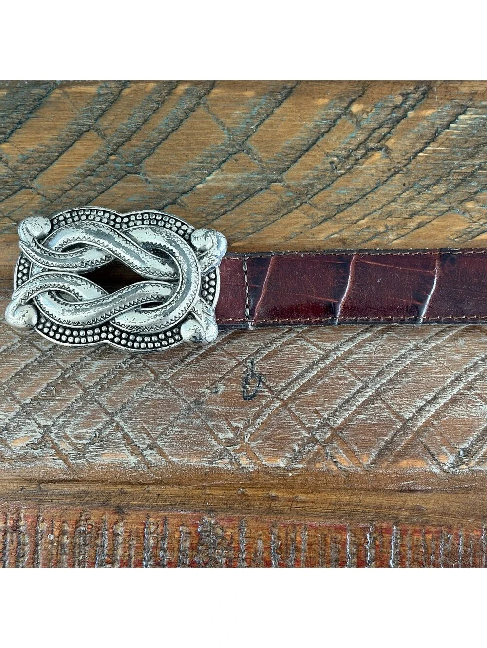 Women’s 29in Croc Embossed Leather Silver Tone Conchos Belt Brown Western Boho